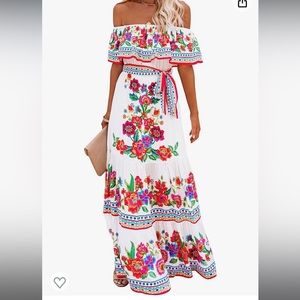 Women's Mexican Dress Summer Floral Print Off The Shoulder Sleeveless